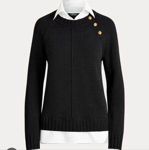 Lauren Ralph Lauren Black Crewneck Sweater with Gold Buttons PXS